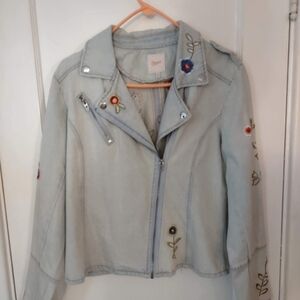 Embroidered Light Blue Denim Moto Jacket XL